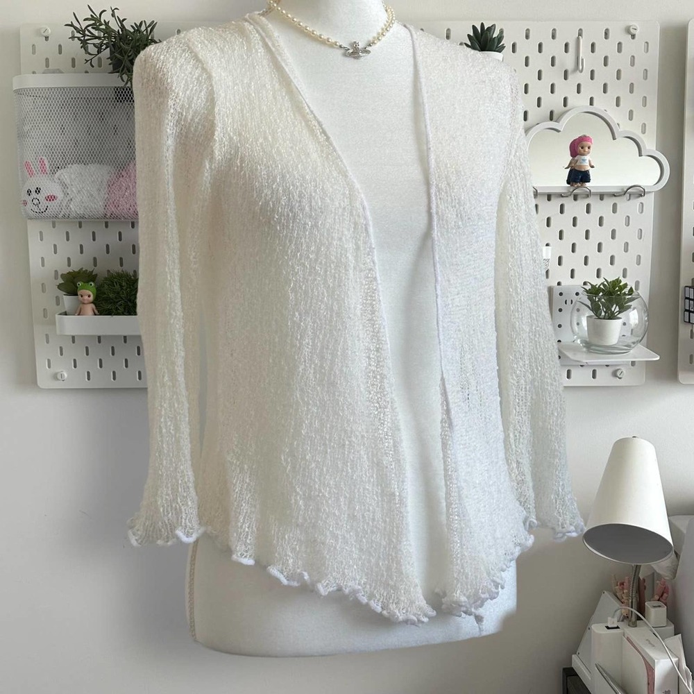 White Boho Knit Shrug Chic Crochet style Mesh Fairy core Cardigan from Bali